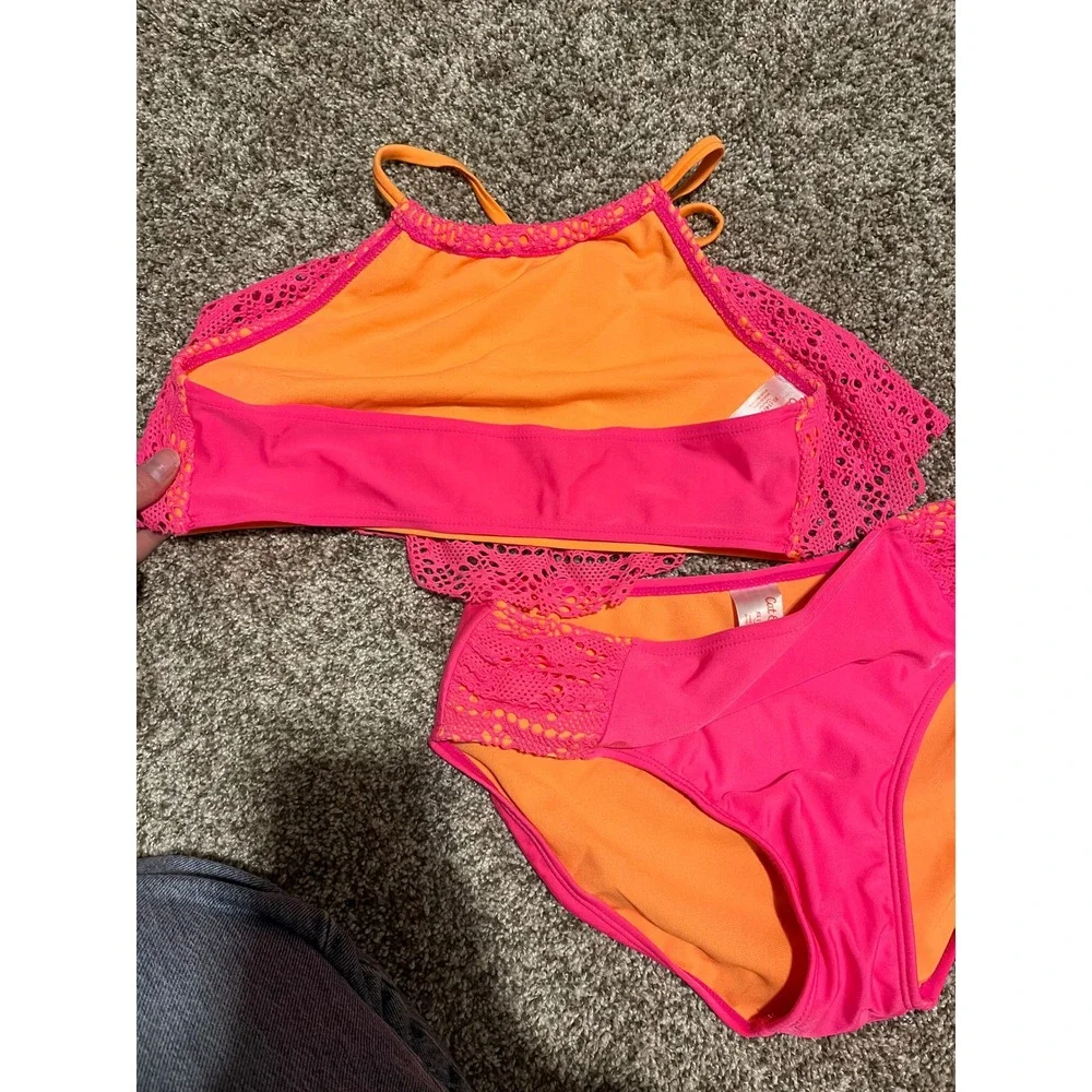 Cat & Jack Girls Neon Pink Orange Crochet Ruffle Bikini Set Size XL 14/16